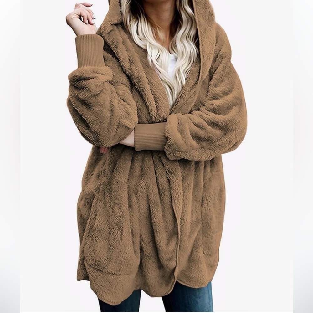 Coffee beige Sherpa faux fur jacket hoodie sweater brown coat cardigan winter